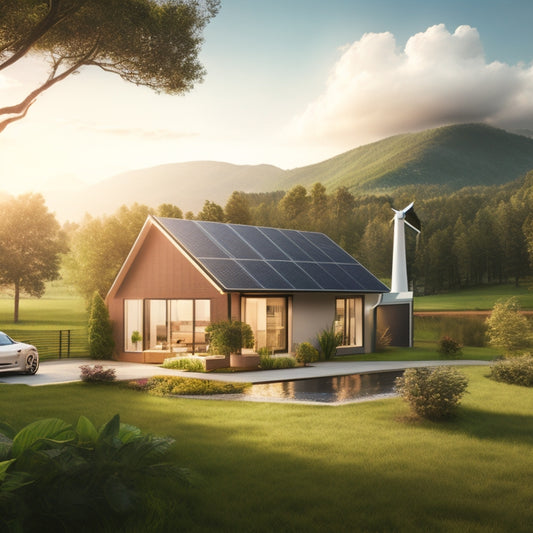 An illustration of a self-sustaining home surrounded by a lush green environment, with solar panels on the roof, a wind turbine in the distance, and a Tesla Powerwall on the exterior wall.