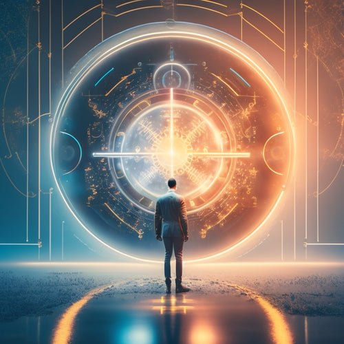 A futuristic, minimalist illustration of a person standing in the center, surrounded by interconnected gears, circuits, and sparks, with a subtle glow emanating from their core, symbolizing harmony and balance.