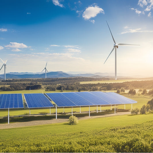 A serene landscape featuring solar panels and wind turbines, with large, sleek battery storage units in the foreground, surrounded by lush greenery and a bright blue sky, symbolizing sustainable energy solutions.