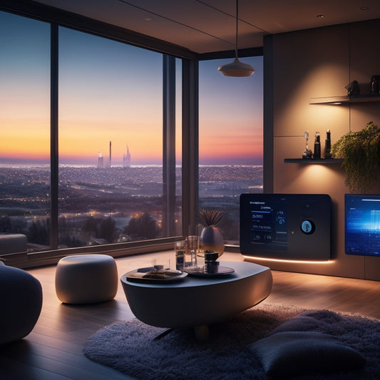 A futuristic living room with a smart thermostat, LED lights, and a tablet displaying an energy usage dashboard, surrounded by a subtle glow of energy-efficient appliances and a cityscape at dusk.