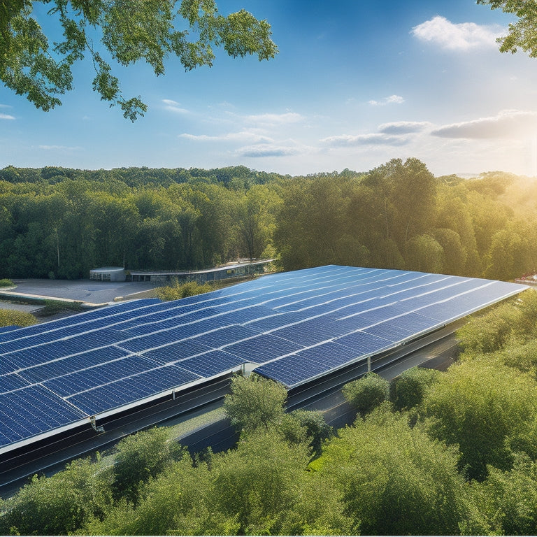 A modern commercial building roof adorned with sleek, black solar panels under a bright blue sky, surrounded by green trees and a bustling cityscape, showcasing sustainability and innovation in business energy solutions.