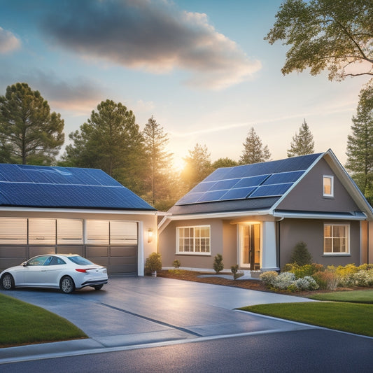 A serene suburban home with a sleek solar panel array on the roof, a compact battery storage unit on the wall, and a few gleaming electric vehicles in the driveway.
