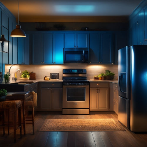 A dimly lit home interior with a faintly glowing smartphone screen, surrounded by darkened appliances, contrasted with a brightly lit battery backup system in the corner, with gleaming metal casing and pulsing LED lights.