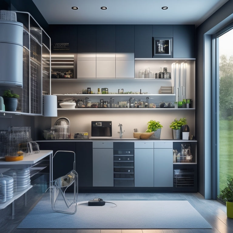 A futuristic, modern home's utility room with sleek shelves, a large, black, deep cycle battery, and a sleek, silver, solar-powered inverter, surrounded by wires and cables.
