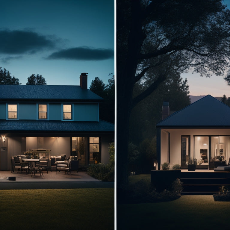 A split-screen image featuring a darkened home with candles lit, contrasted with a well-lit home powered by a sleek, modern backup battery system, with solar panels and a compact inverter in the background.