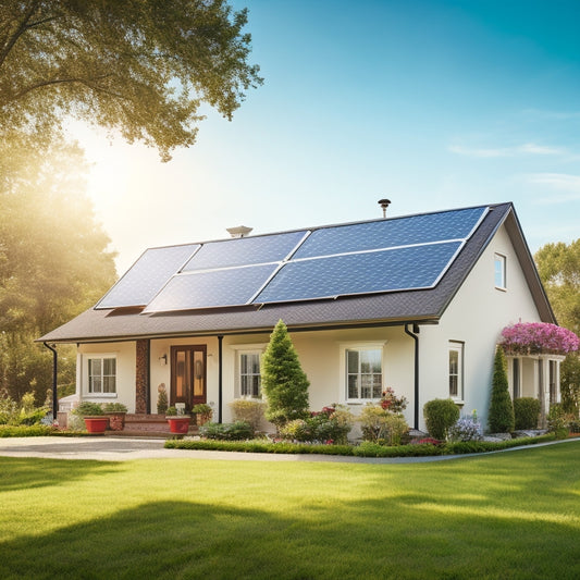 A serene suburban house with solar panels installed on its roof, surrounded by lush greenery and a bright blue sky with a few puffy white clouds.