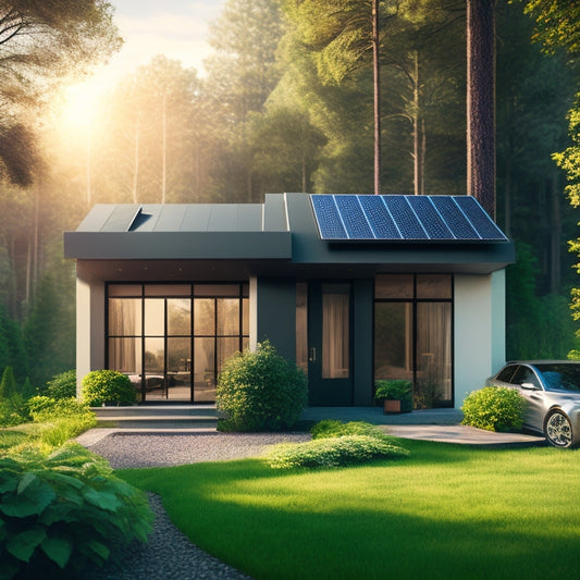 A futuristic home exterior with solar panels, a battery bank in the garage, and a smart thermostat on the wall, surrounded by lush greenery and a subtle grid of energy-efficient lines.