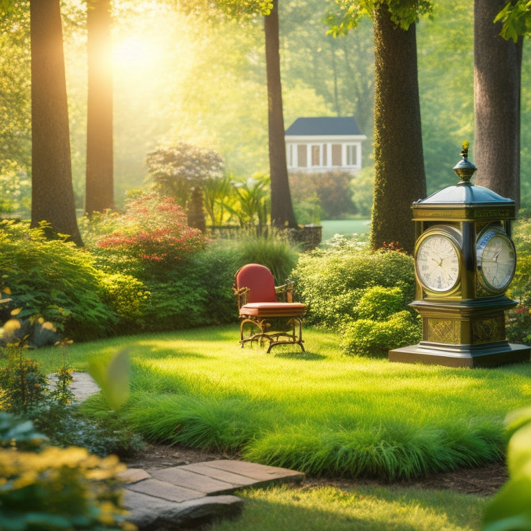 A serene landscape showing a well-maintained inverter battery in a lush garden, surrounded by tools for care, sunlight filtering through trees, and a clock emphasizing time, symbolizing longevity and maintenance.