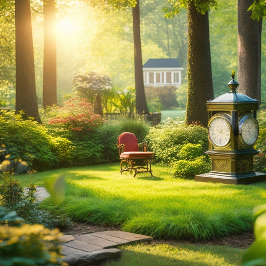 A serene landscape showing a well-maintained inverter battery in a lush garden, surrounded by tools for care, sunlight filtering through trees, and a clock emphasizing time, symbolizing longevity and maintenance.