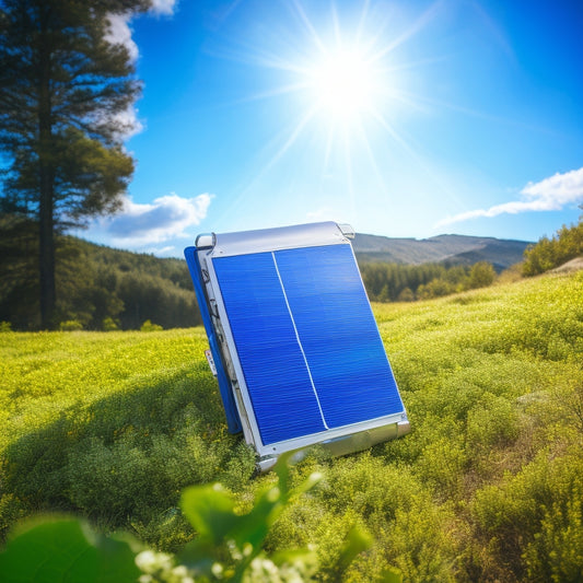 A sleek, silver power pack with a foldable solar panel attached, set against a bright blue sky with fluffy white clouds, surrounded by lush greenery and a few hiking gear scattered around.