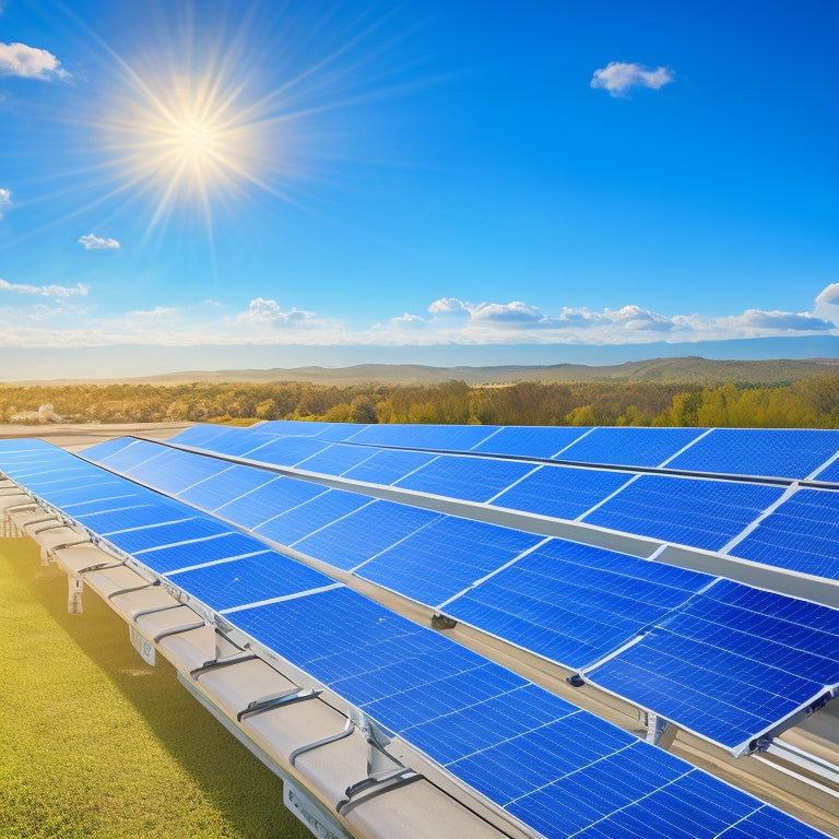 An illustration of a flat roof with multiple solar panels installed, with visible mounting brackets, clamps, and flashing, set against a bright blue sky with a few puffy white clouds.