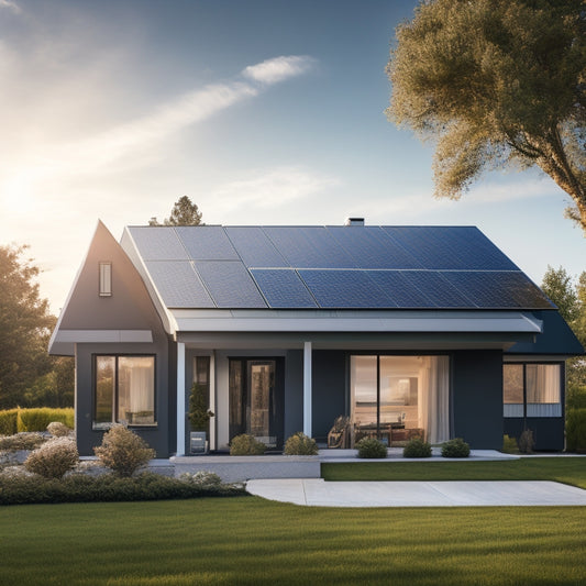A serene suburban home with a sleek, modern roof, partially covered in a grid of shiny black solar panels, set against a bright blue sky with fluffy white clouds.