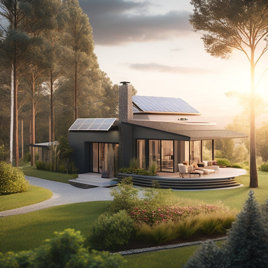 A serene, modern home surrounded by lush greenery, with solar panels on the roof, a wind turbine in the distance, and a compact, sleek battery storage system on the exterior wall.