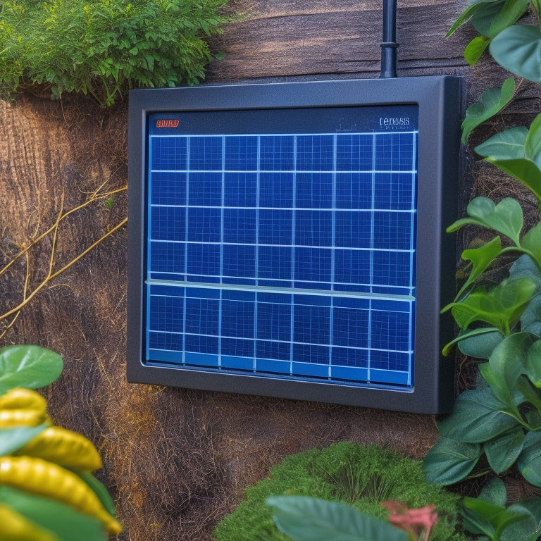 A close-up view of a sleek solar charge controller mounted on a wooden wall, surrounded by vibrant solar panels, with glowing LED indicators, showcasing intricate wiring and a lush green garden in the background.