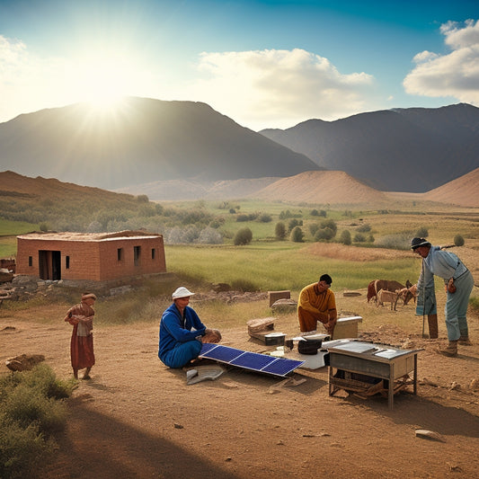 A dramatic, sunny landscape with a devastated village in the background, and in the foreground, a volunteer setting up a compact, foldable solar panel with a battery and lights.