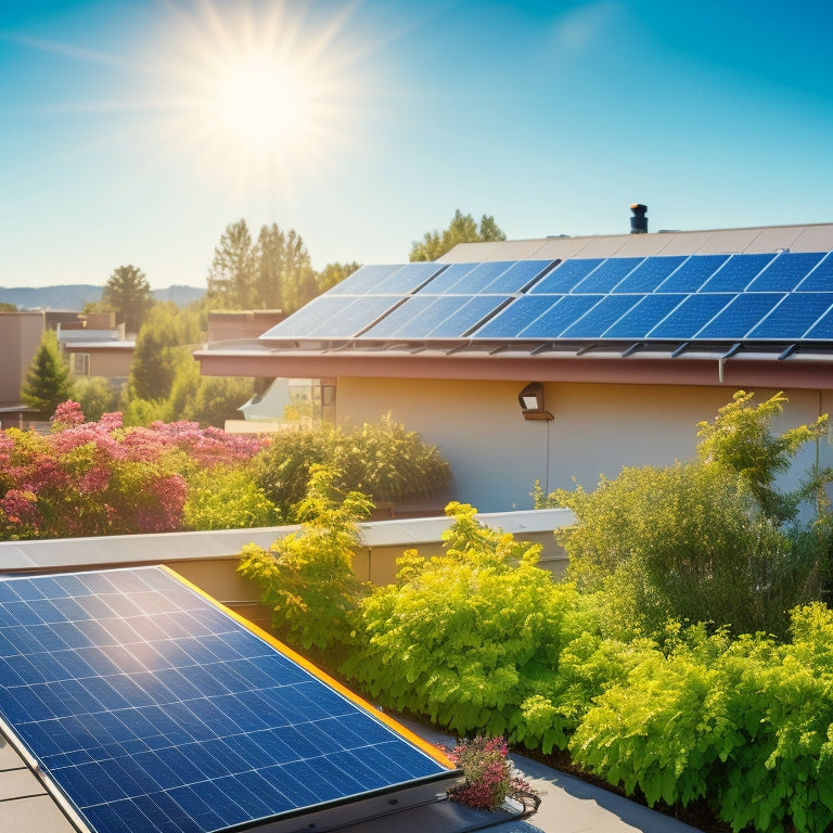 A sunny suburban rooftop adorned with sleek solar panels, surrounded by vibrant greenery. Show a close-up of installation tools, a professional installing panels, and a clear blue sky enhancing the solar energy theme.