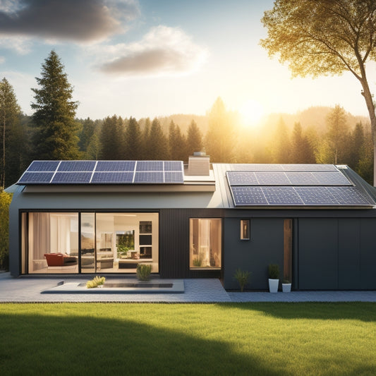 A modern home with solar panels on the roof, a sleek battery storage unit in the background, and a visual representation of energy flowing from the panels to the battery and into the home.