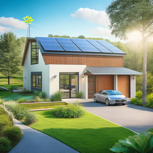 A split-level illustration featuring a modern home's exterior with solar panels on the roof, a wind turbine in the backyard, and a battery storage system in the garage, surrounded by lush greenery.