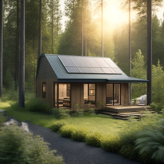 A serene off-grid cabin surrounded by lush greenery, with a sleek, silver home battery system installed on the exterior wall, connected to a rooftop solar panel array.