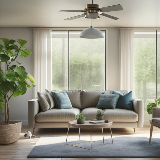 A serene living room with a sleek, modern ceiling fan spinning lazily above a plush couch, surrounded by lush greenery and a large window with a subtle, warm sunlight glow.