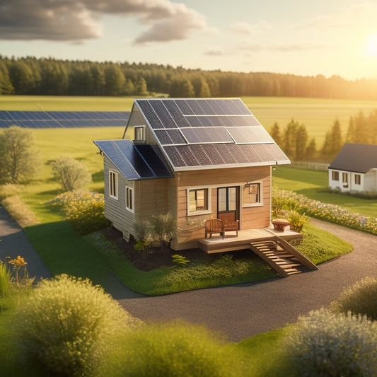 A serene, sun-drenched landscape featuring a miniature, modern tiny house with solar panels on the roof, surrounded by lush greenery and a few wind turbines in the distant background.