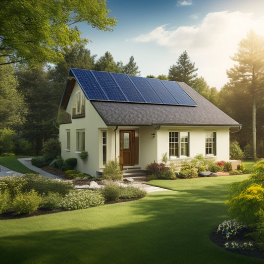 A serene suburban home with solar panels on the roof, a small wind turbine in the backyard, and a battery storage system visible through a window, surrounded by lush greenery and a sunny sky.