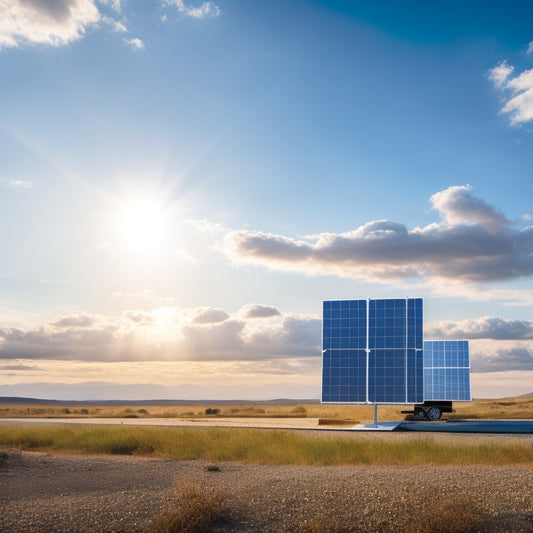 A serene landscape with a sleek, silver solar panel array in the foreground, connected to a modern, compact battery storage unit, set against a bright blue sky with a few wispy clouds.
