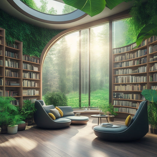 A futuristic library interior with sleek, curved shelves made of recycled solar panels, illuminated by soft, warm LED lighting, surrounded by lush greenery and minimalist wooden accents.