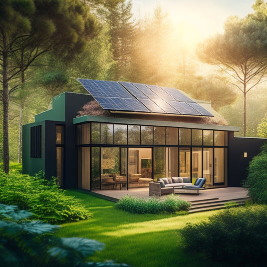 An illustration of a modern home with large windows, surrounded by lush greenery, with solar panels on the roof, emitting bright green rays, contrasting with a neighboring house with dark, dusty panels.