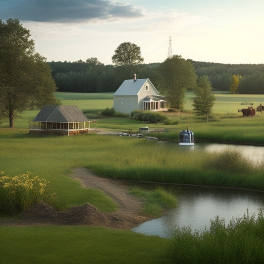 A serene rural landscape with a farmhouse in the distance, a water pump system installed near a well, and various inverter models scattered around, with connecting wires and pipes, amidst lush greenery.