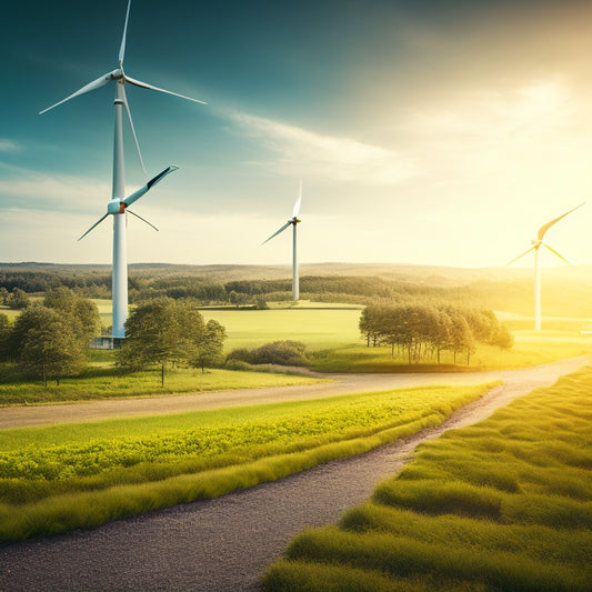 A futuristic landscape with sleek, modern wind turbines and solar panels amidst a lush, green environment, surrounded by a subtle, glowing aura, symbolizing a sustainable future.