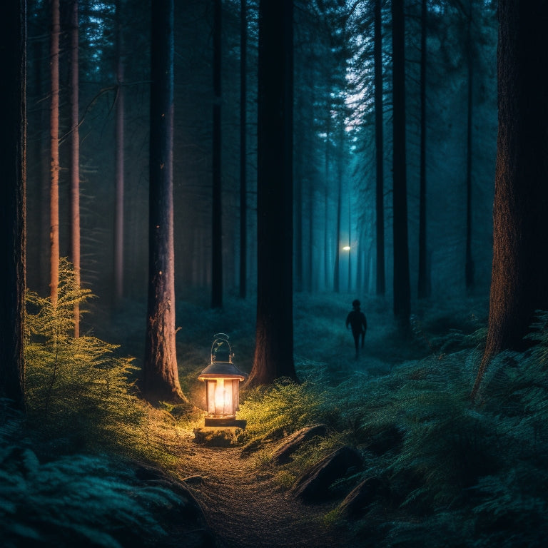 A serene twilight forest scene, illuminated by various hiking lights: a headlamp on a hiker's forehead, lanterns hanging from trees, and a glowing trail marker, casting warm, inviting shadows against the lush greenery.