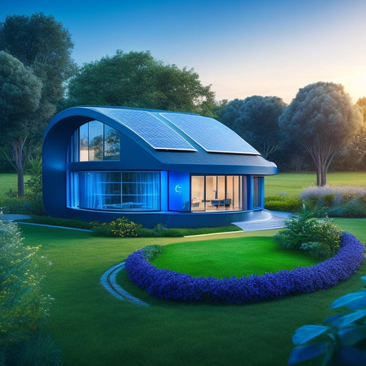 A futuristic smart home with glowing blue circuits and wires visible beneath the walls, surrounded by a lush green garden, with solar panels and a wind turbine in the background.