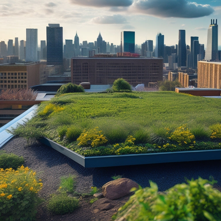 A vibrant green roof teeming with diverse plants, integrated solar panels, and a rainwater harvesting system, overlooking a modern city skyline, showcasing sustainable architecture and energy efficiency in harmony with nature.