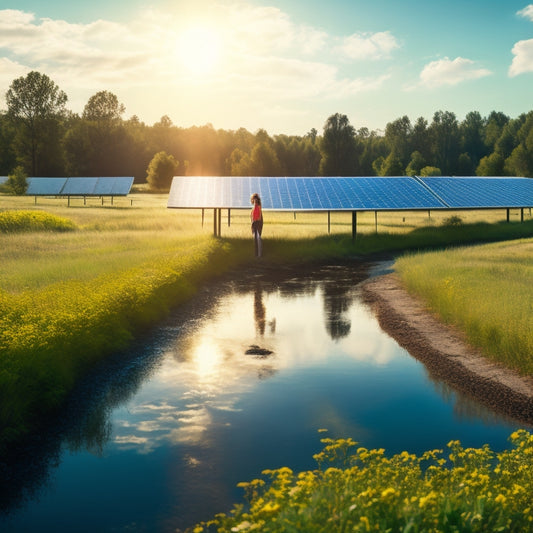 A serene landscape featuring a row of spotless solar panels, with a person in the distance using a soft-bristled brush and a bucket of soapy water, surrounded by lush greenery and a clear blue sky.