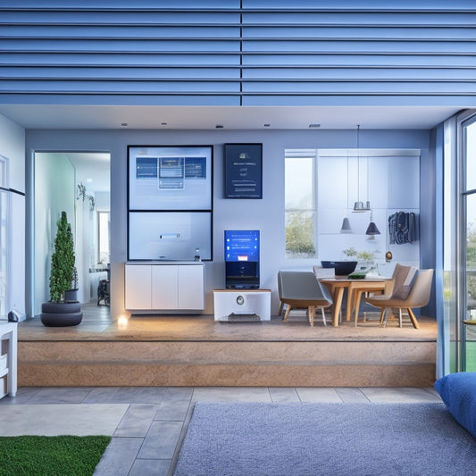 A modern home with open walls, revealing insulation, wiring, and pipes, surrounded by various monitoring devices, including a smart thermostat, energy meter, and sensors on windows and appliances.