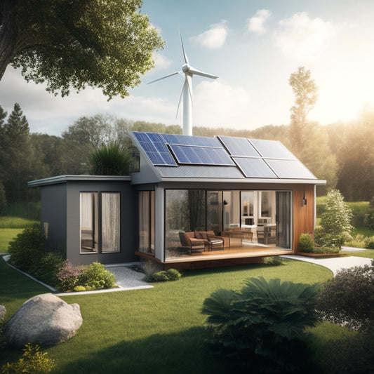 An illustration of a modern, eco-friendly home surrounded by lush greenery, with solar panels on the roof, a wind turbine in the backyard, and a battery storage system visible through a window.