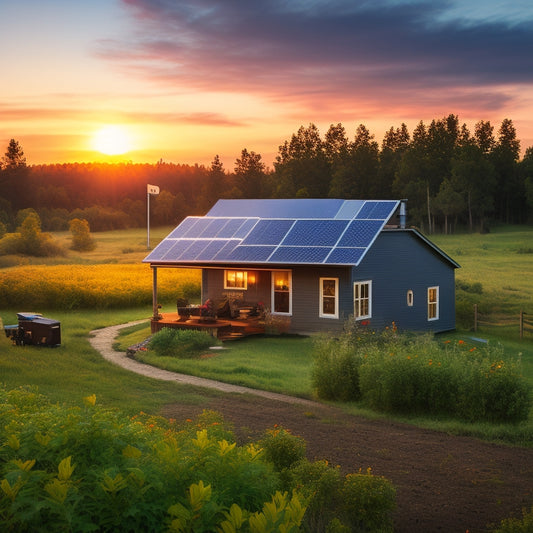 A serene off-grid homestead at sunset, with a solar panel array, wind turbine, and battery bank, surrounded by lush greenery and a self-sustaining garden, conveying independence and eco-friendliness.