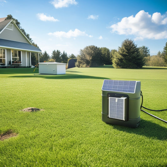 A sunny backyard with a sleek, silver solar panel array on a green grass lawn, connected to a compact, black battery pack with a few wires and a small inverter.