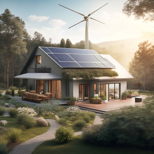 An illustration of a modern off-grid home surrounded by lush greenery, with solar panels on the roof, a wind turbine in the distance, and a rainwater harvesting system connected to a garden.