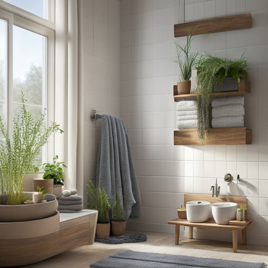 A serene, modern bathroom with a large, wall-mounted shelf made from reclaimed wood, holding rolled towels and a small potted plant, illuminated by soft, warm natural light streaming through a skylight above.