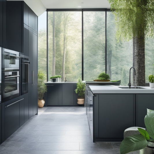 A modern, minimalist kitchen with sleek, energy-efficient appliances in shades of stainless steel and matte black, surrounded by lush greenery and natural light pouring in through large windows.