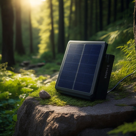 A sleek, modern solar panel with a compact battery pack and USB ports, placed on a rocky outdoor surface, surrounded by lush greenery and a few hiking gears.