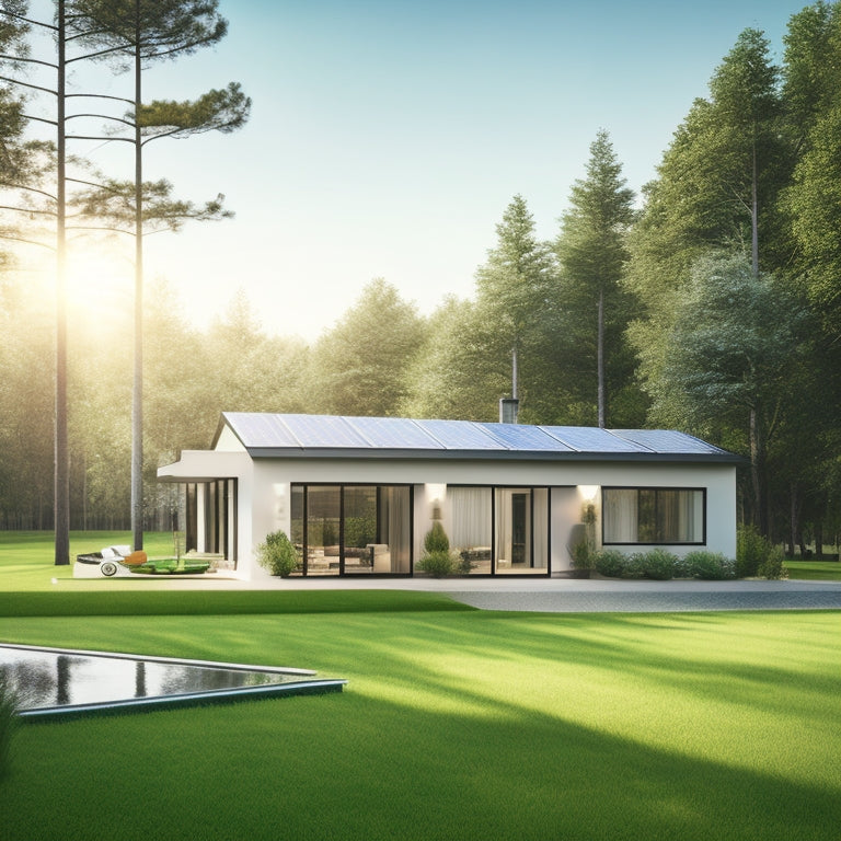 A serene landscape featuring a modern, sleek home with a lush green lawn, surrounded by tall trees, and equipped with a set of elevated, silver-framed solar panels installed above the rooftop.