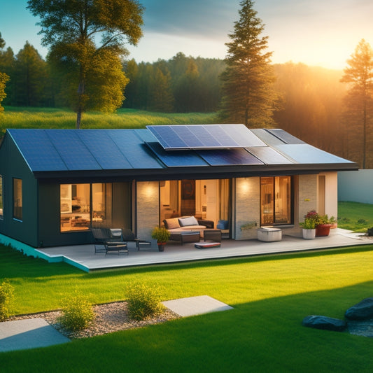 A serene, modern home with solar panels on the roof, a rainwater collection system, and a compact, organized backup power station with batteries and a generator in the background.