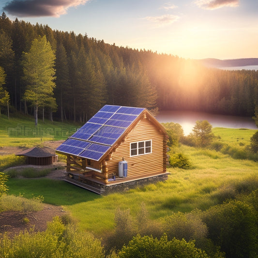 A serene, sun-drenched landscape featuring a self-sustaining off-grid electrical system: solar panels on a rustic cabin's roof, a wind turbine spinning in the distance, and a battery bank nestled among lush greenery.