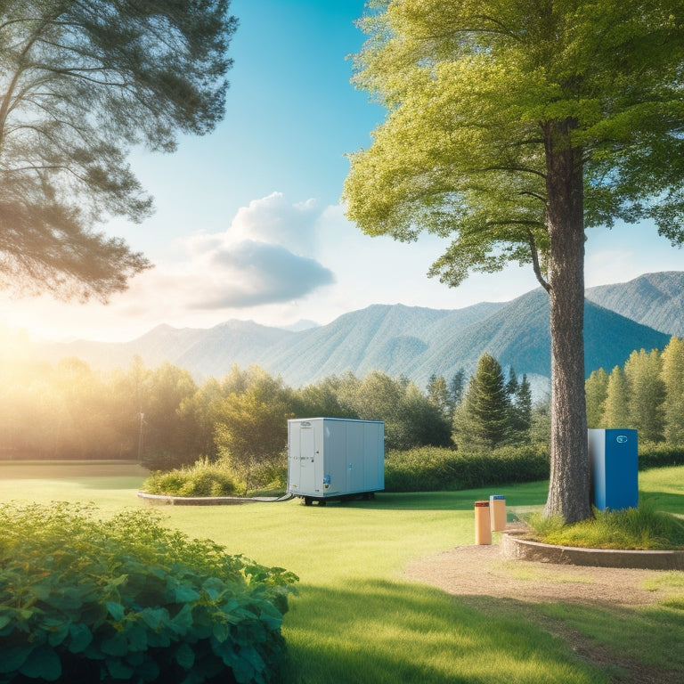 A sleek electric vehicle charging at a modern, compact energy storage unit, surrounded by lush greenery. The scene captures the harmony of technology and nature, showcasing vibrant colors and a bright blue sky.