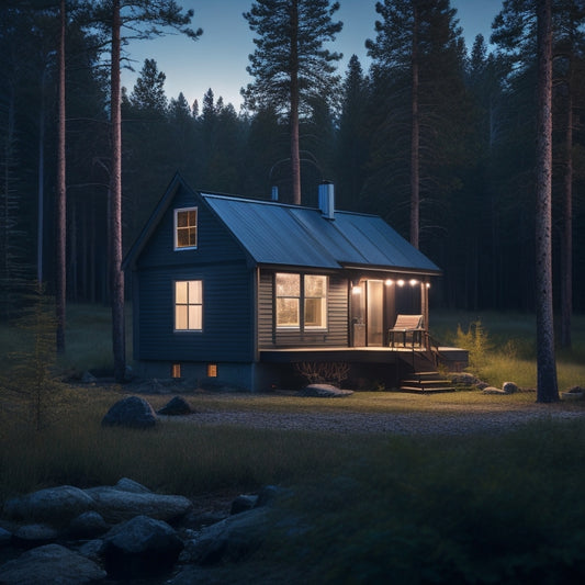 A serene, off-grid cabin in the woods at dusk, with a faint glow emanating from the windows, powered by a custom-built battery bank consisting of multiple deep cycle batteries and a small solar array.