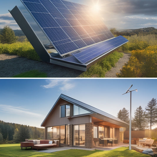 A split-screen image featuring a modern home with solar panels on the roof and a calculator on a desk, surrounded by scattered papers with energy efficiency ratings and cost estimates.