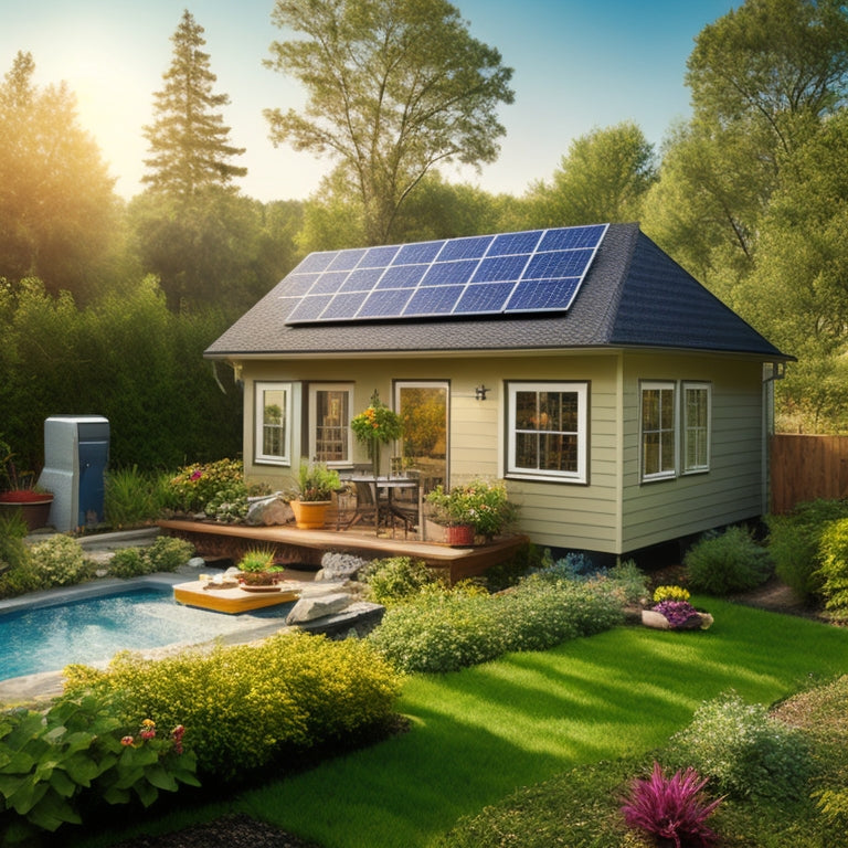 A serene backyard scene featuring a compact solar panel system installed on a small roof, surrounded by lush greenery, with sunlight glinting off the panels and tools like a drill and level nearby.